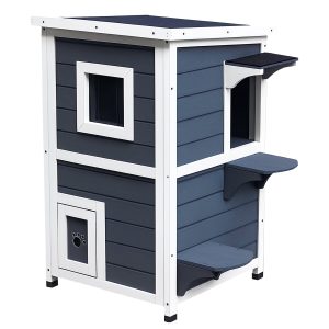 Trækattehus 2 etager vintertæt vandtæt kattehus med asfalttag trappe vindue kattehule udendørs ly til udendørs have balkon 51 x 51 x 81,3 cm grå